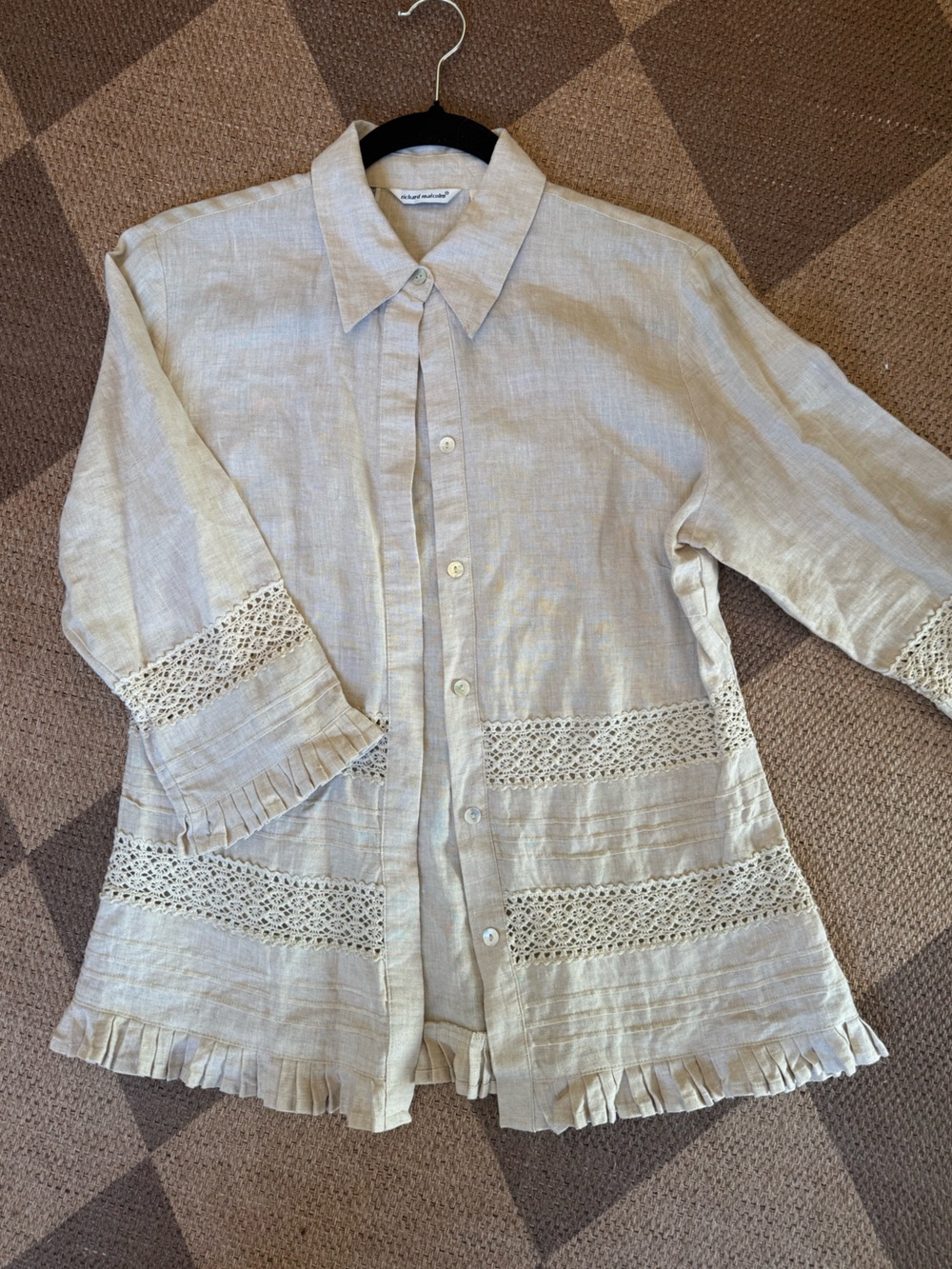 Light Beige Linen Button-Down Shirt with Crochet Trim